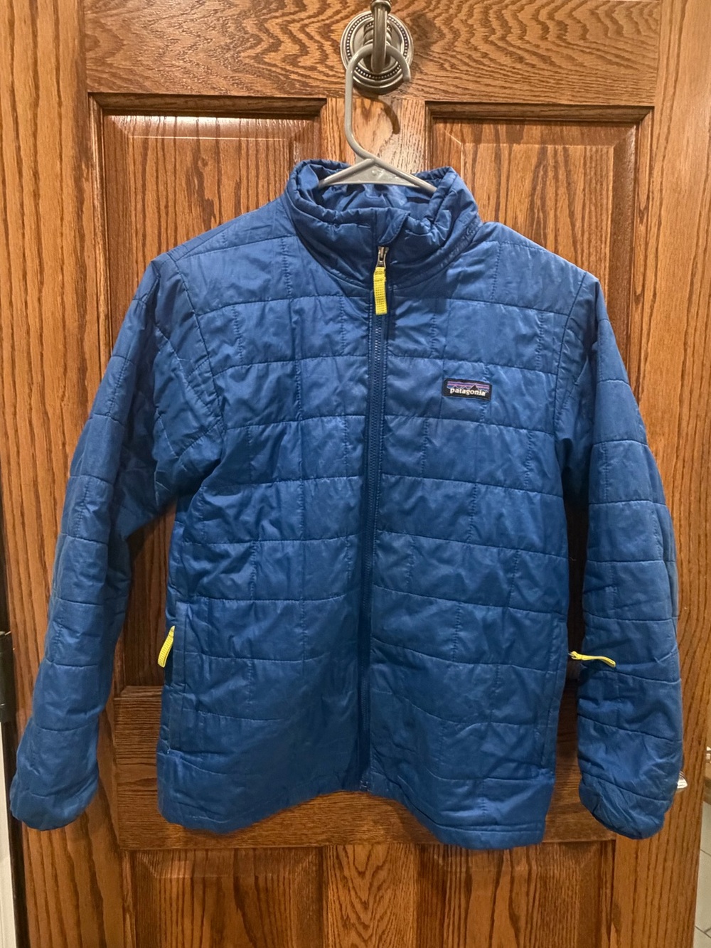 Patagonia Kids Blue Quilted Puffer Jacket with Yellow Accents
